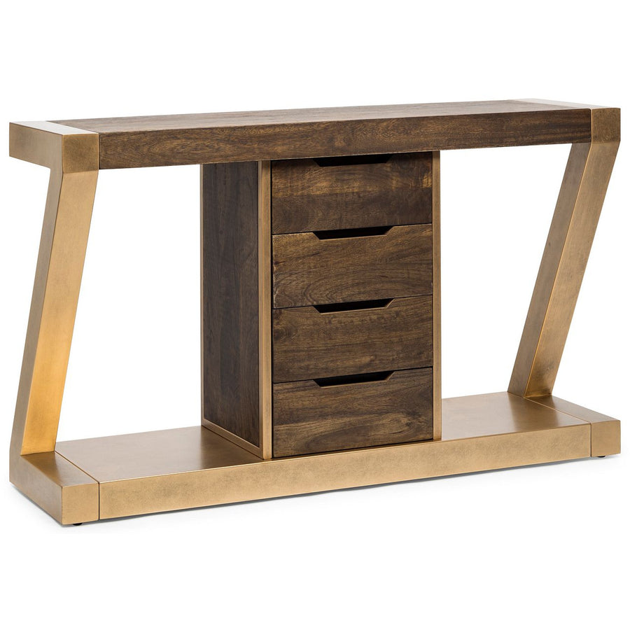 Contemporary Brass Wooden Z-Shaped Hallway Console Table with Drawers