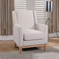 Armchair in Beige Upholstered Fabric with Wooden leg