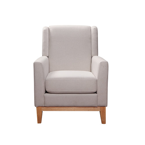 Armchair in Beige Upholstered Fabric with Wooden leg