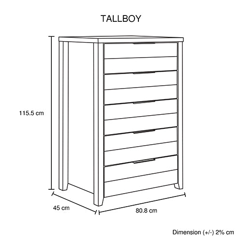 4 Piece Bedroom Queen Suite White Ash - Bed, Bedside Table & Tallboy