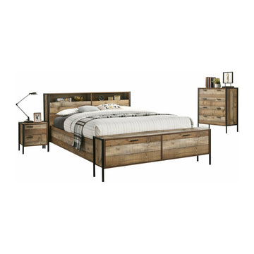 4 Piece Storage Bedroom Queen Suite Natural Wood with Metal Legs - Bed, Bedside Table & Tallboy