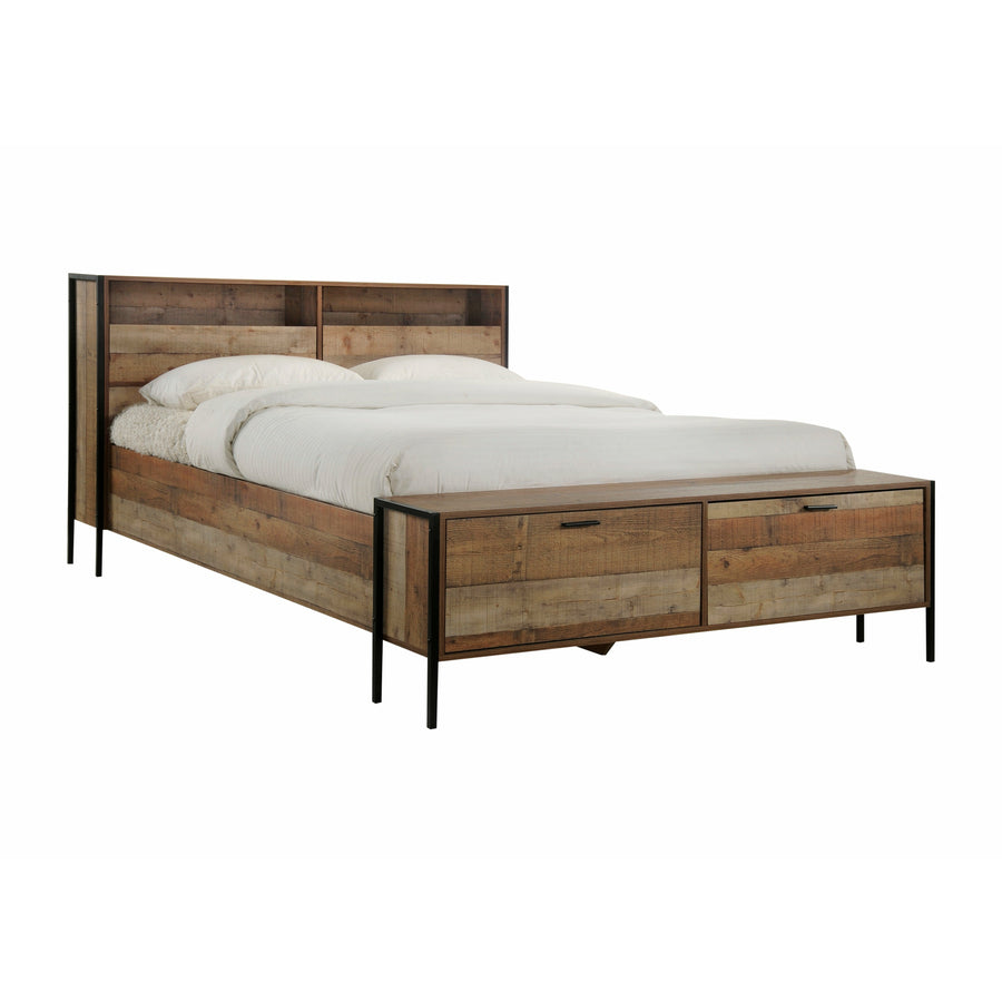 4 Piece Storage Bedroom Queen Suite Natural Wood with Metal Legs - Bed, Bedside Table & Tallboy