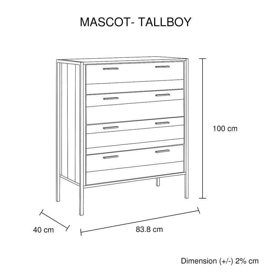 4 Piece Storage Bedroom Queen Suite Natural Wood with Metal Legs - Bed, Bedside Table & Tallboy