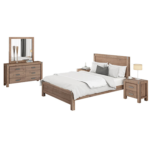 4 Piece Bedroom King Single Suite in Solid Wood Veneered Oak Acacia - Bed, Bedside Table & Dresser