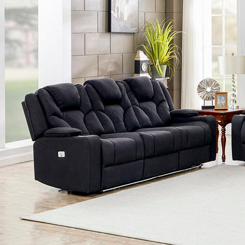 3 Seater Fabric Lounge Set Electric Recliner with LED Features - Black