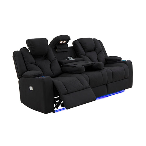 3 Seater Fabric Lounge Set Electric Recliner with LED Features - Black