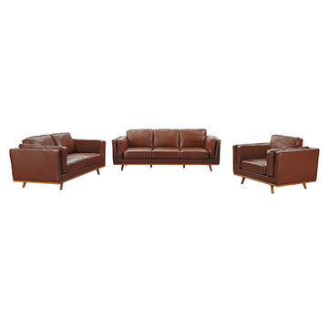 3+2 Seater Leather Lounge Set with Wooden Frame - Brown