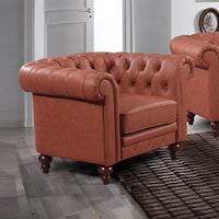 Single Seater Leather Lounge Chair with Buttons Tufted in Brown Faux Leather