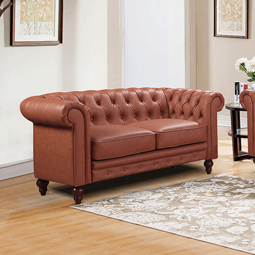 2 Seater Leather Lounge Sofa with Buttons Tufted in Brown Faux Leather