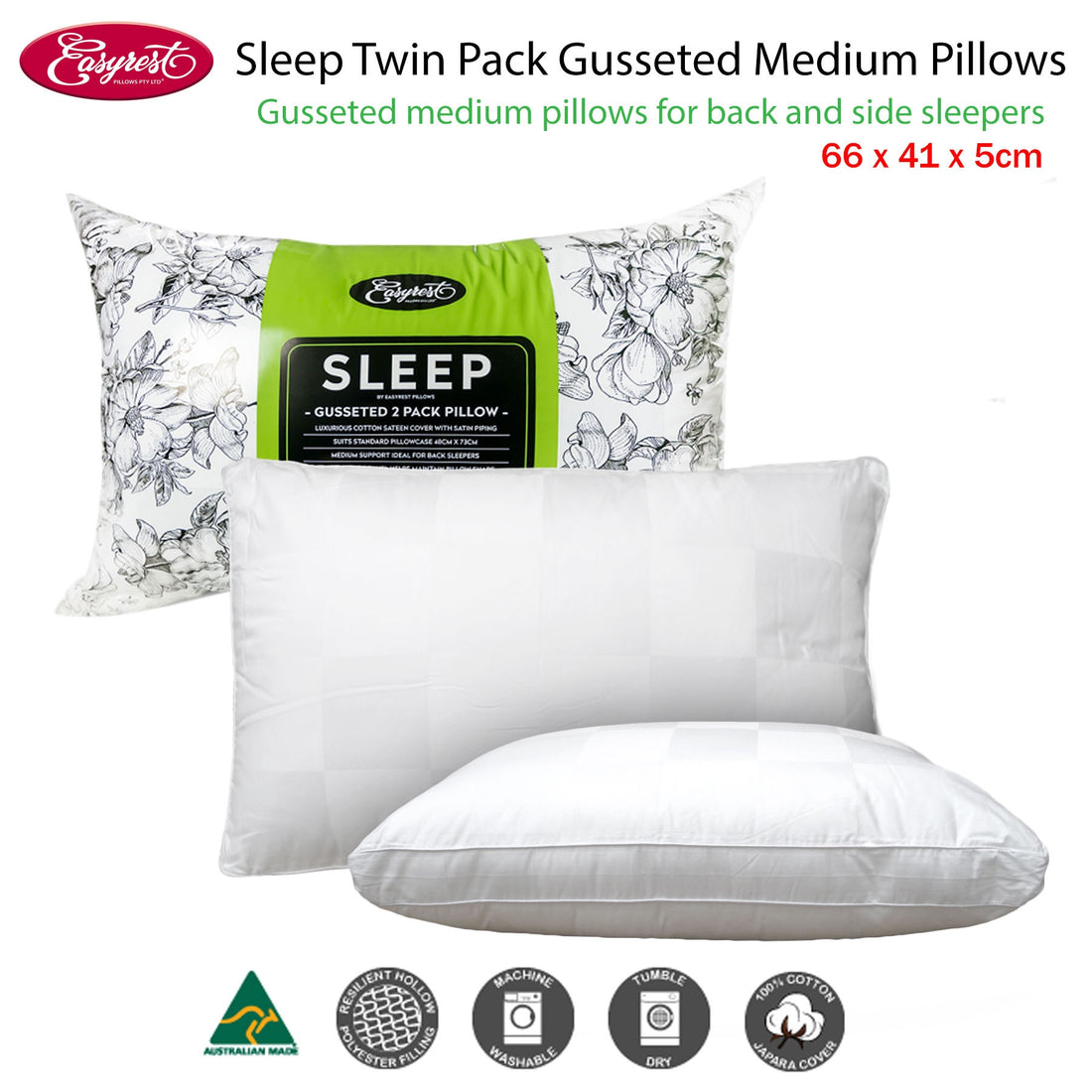 Sleep Twin Pack Gusseted Medium Standard Pillows