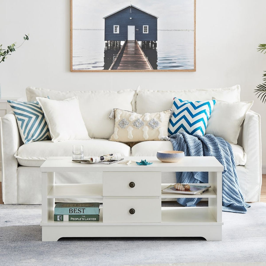 White Coastal Style Coffee Table with Drawers