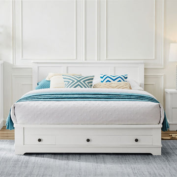 White Coastal Lifestyle Bedframe with Storage Drawers Queen