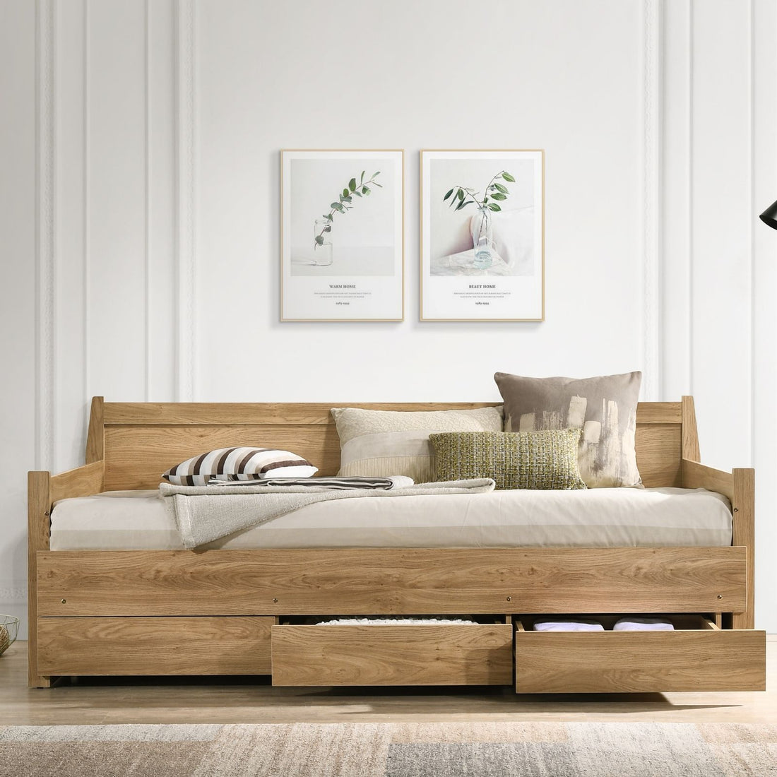 Natural Wooden Day Bed with 3 Drawers Sofa Bed Frame