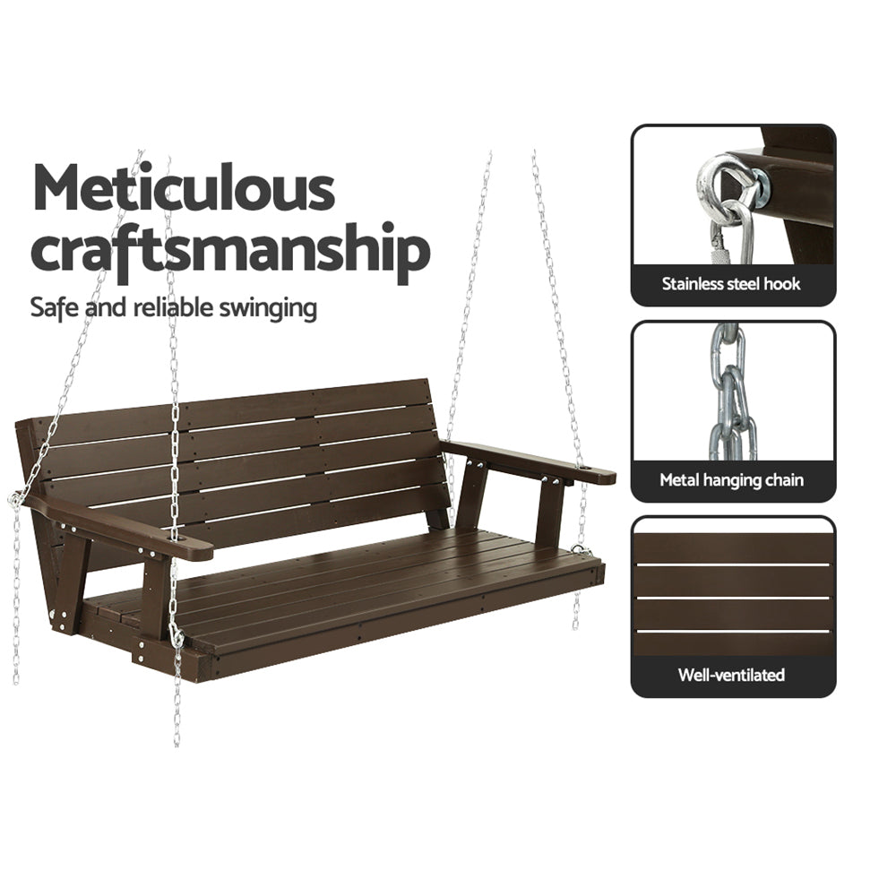 Porch Swing Chair with Chain Outdoor Furniture 3 Seater Bench Wooden Brown