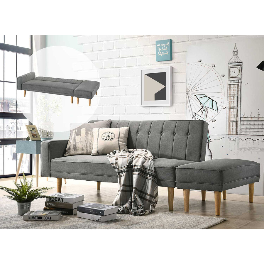 3 Seater Fabric Sofa Bed with Ottoman - Light Grey