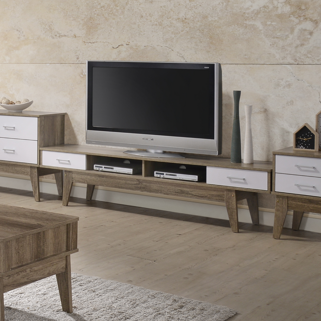 TV Stand White & Wood Oak