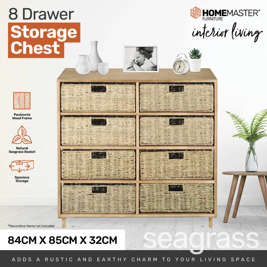 8 Drawer Natural Seagrass Wooden Storage Chest Stylish 85cm