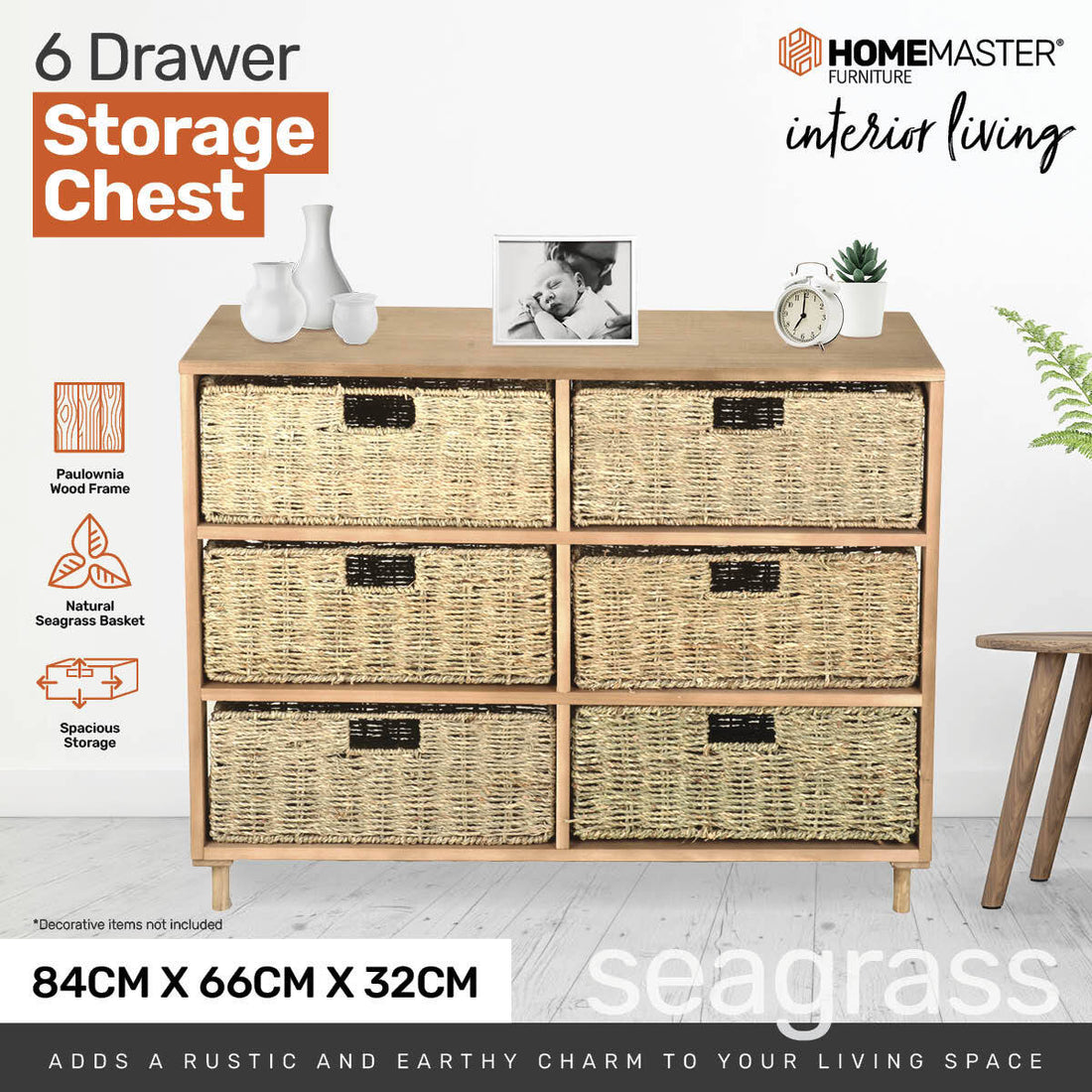 6 Drawer Natural Seagrass Wooden Storage Chest Stylish 66cm