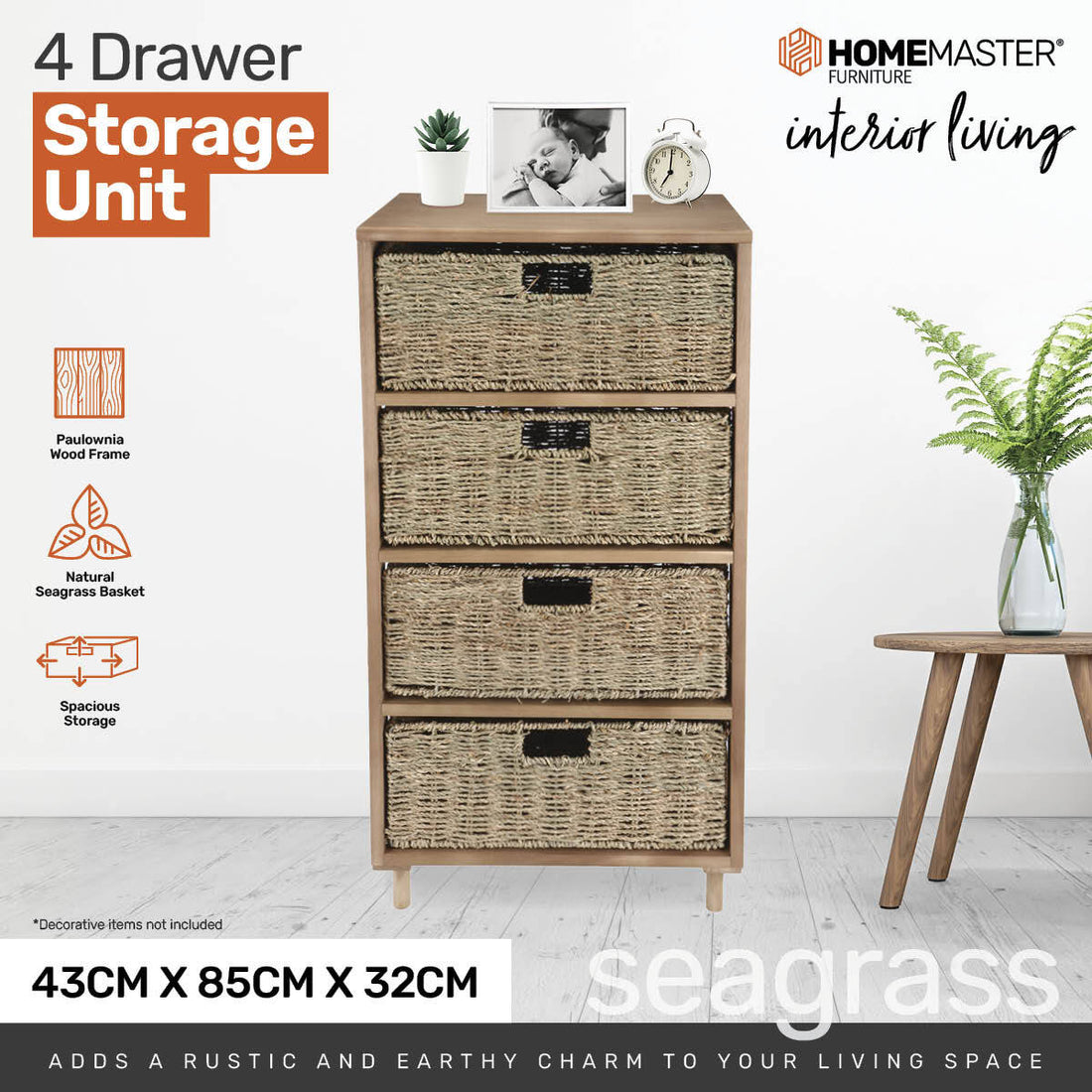 4 Drawer Natural Seagrass Wooden Storage Chest Stylish 85cm