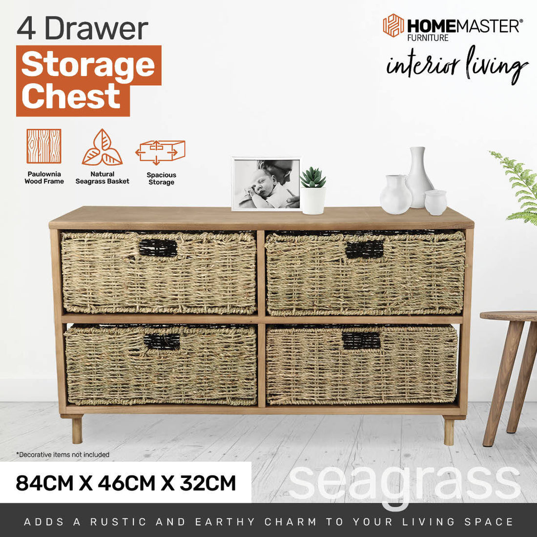 4 Drawer Natural Seagrass Wooden Storage Chest Stylish 46cm