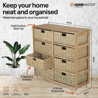 8 Drawer Natural Seagrass Wooden Storage Chest Stylish 85cm