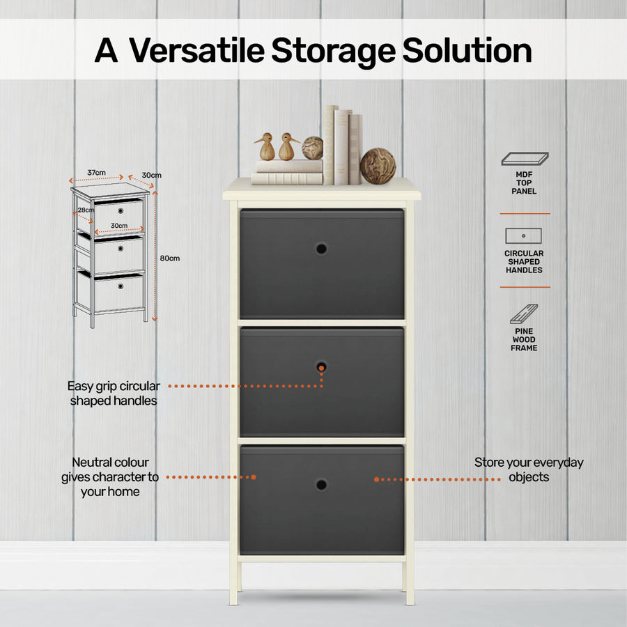 3 Drawer Pine Wood Storage Chest Grey Fabric Baskets 37 x 80cm