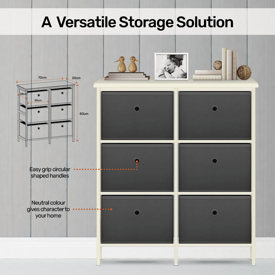 6 Drawer Pine Wood Storage Chest Grey Fabric Baskets 70 x 80cm