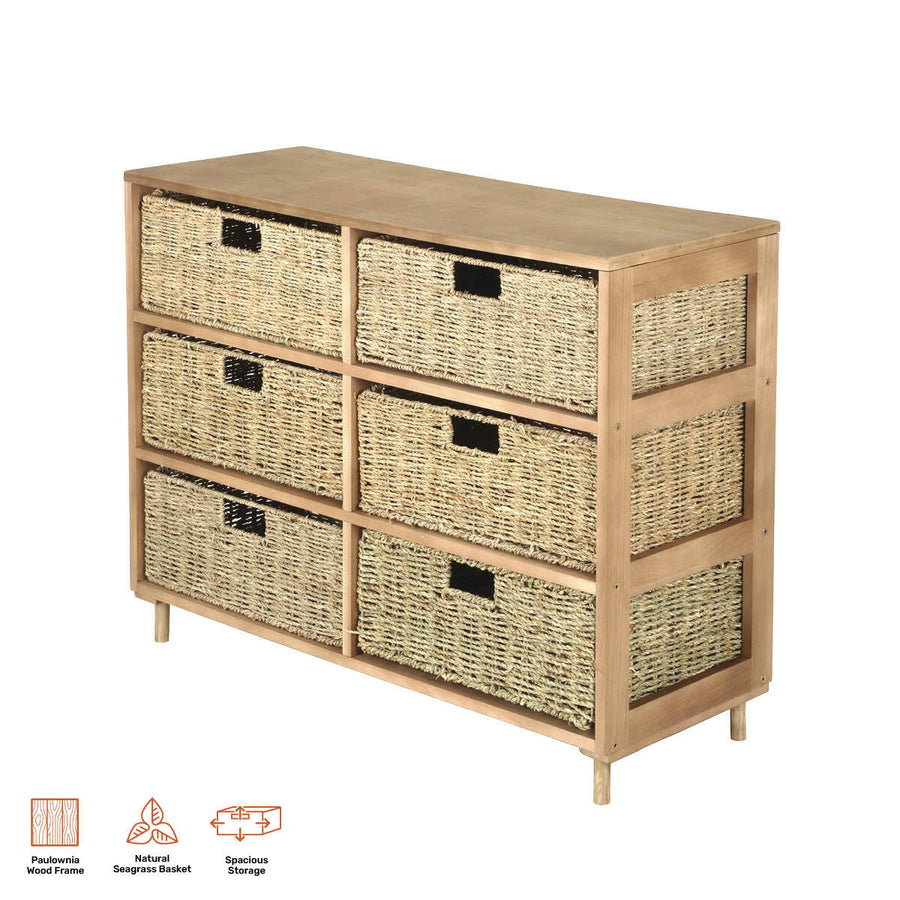 6 Drawer Natural Seagrass Wooden Storage Chest Stylish 66cm