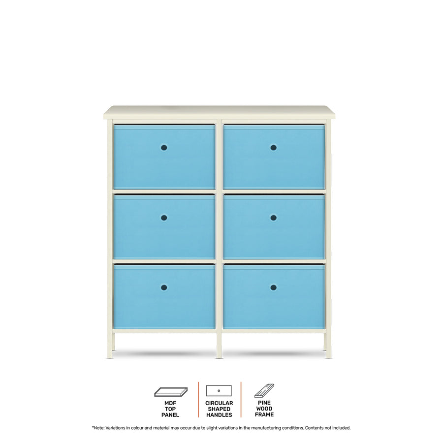 6 Drawer Pine Wood Storage Chest Sky Blue Fabric Baskets 70 x 80cm