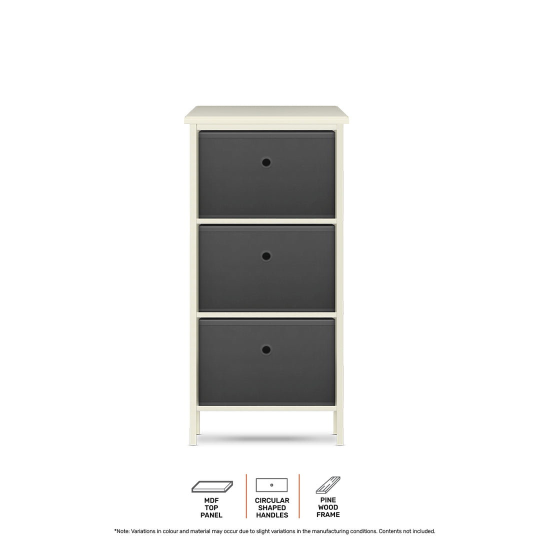 3 Drawer Pine Wood Storage Chest Grey Fabric Baskets 37 x 80cm