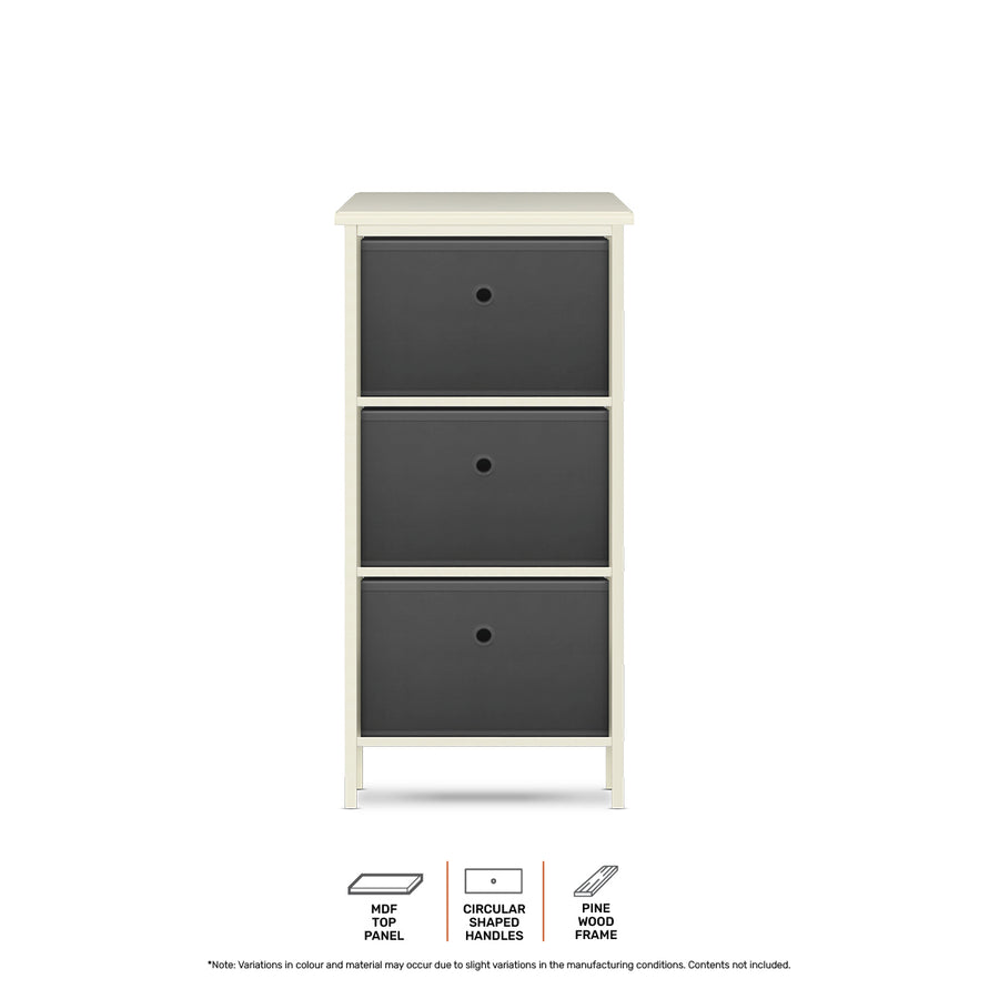 3 Drawer Pine Wood Storage Chest Grey Fabric Baskets 37 x 80cm